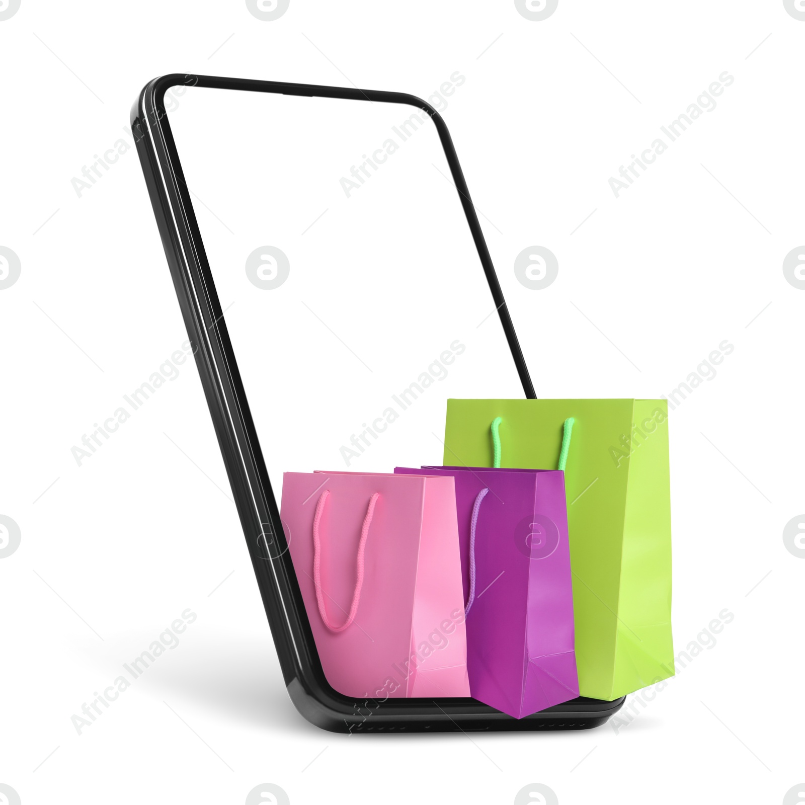 Image of Mobile phone with shopping bags isolated on white. Concept of online shopping, purchase via internet