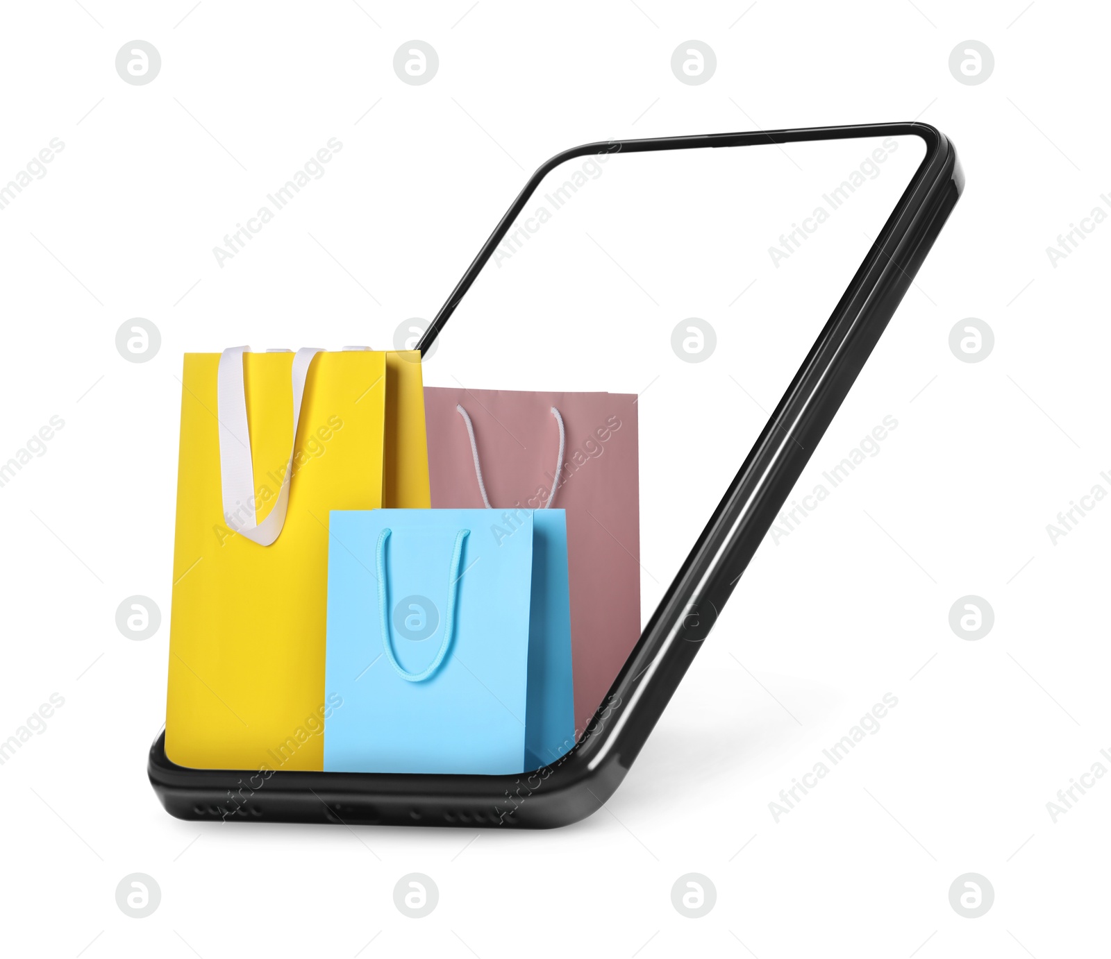 Image of Mobile phone with shopping bags isolated on white. Concept of online shopping, purchase via internet