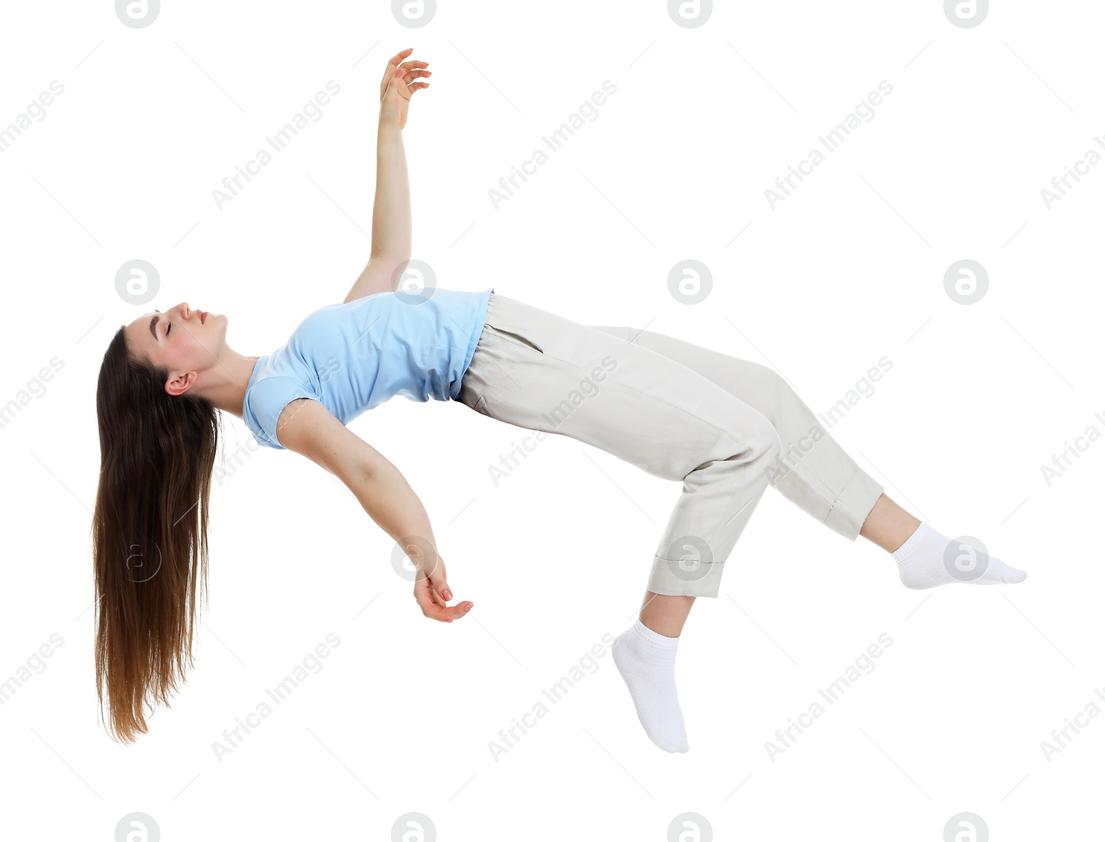 Image of Somnambulist in pajamas on white background. Sleepwalking