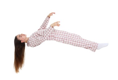 Image of Somnambulist in pajamas on white background. Sleepwalking