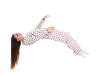 Image of Somnambulist in pajamas on white background. Sleepwalking