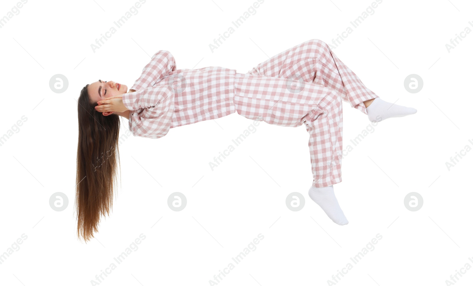 Image of Somnambulist in pajamas on white background. Sleepwalking