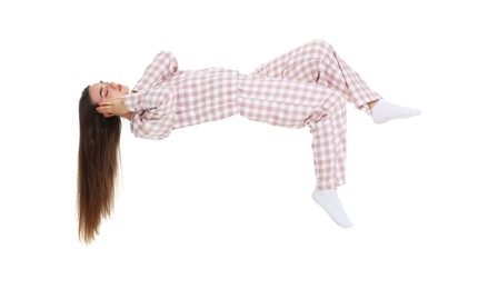 Image of Somnambulist in pajamas on white background. Sleepwalking