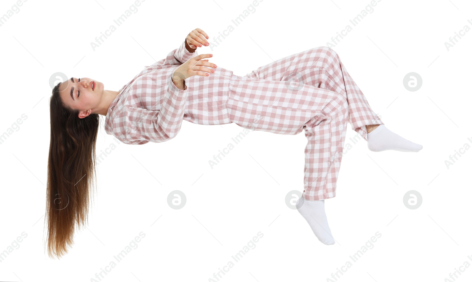 Image of Somnambulist in pajamas on white background. Sleepwalking