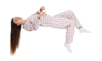 Image of Somnambulist in pajamas on white background. Sleepwalking