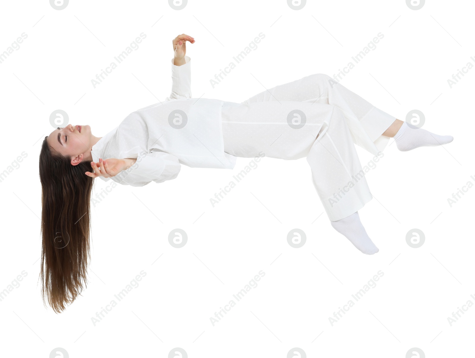 Image of Somnambulist in pajamas on white background. Sleepwalking