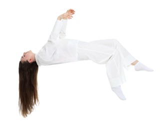 Image of Somnambulist in pajamas on white background. Sleepwalking