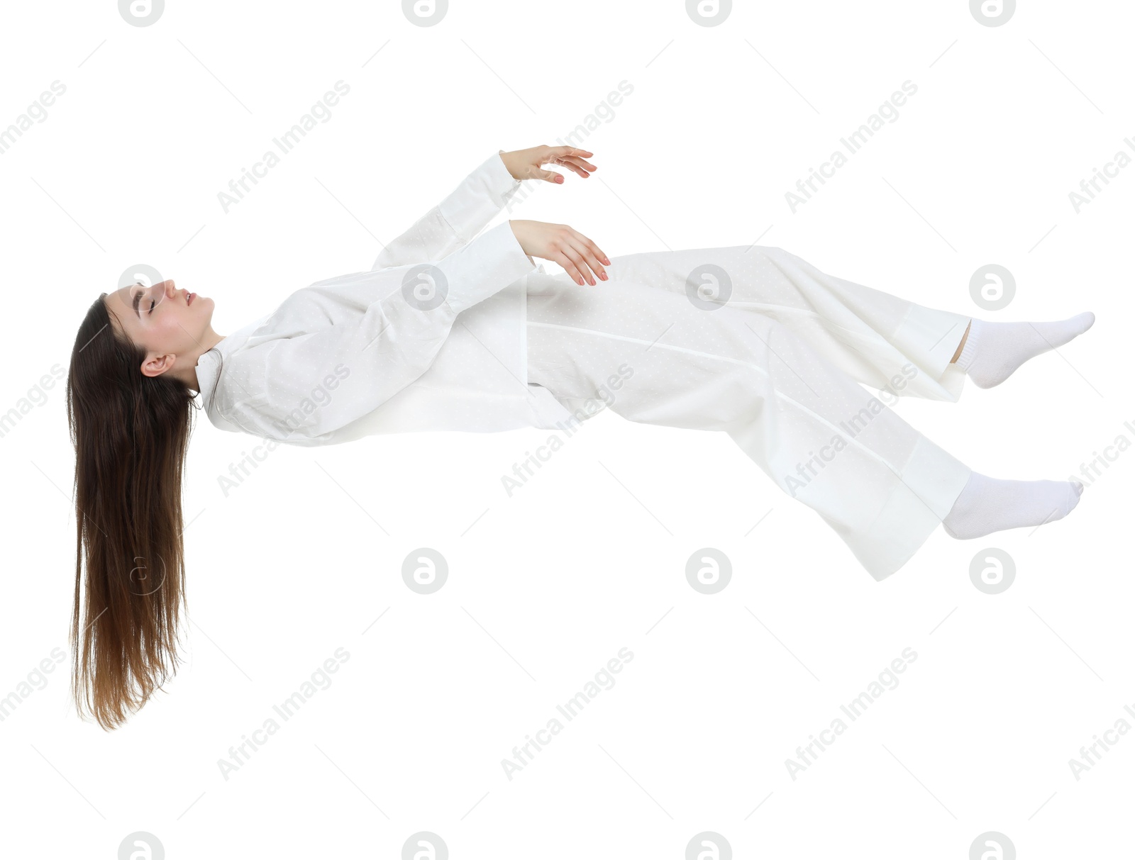 Image of Somnambulist in pajamas on white background. Sleepwalking