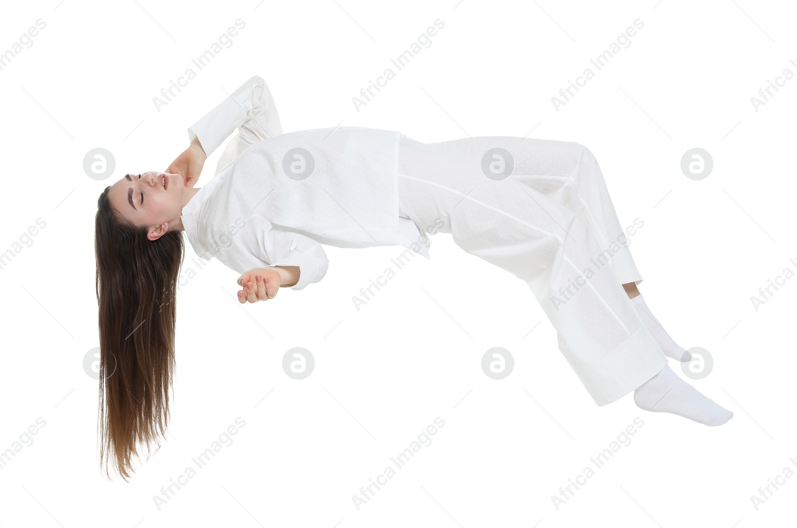 Image of Somnambulist in pajamas on white background. Sleepwalking