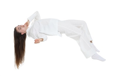 Image of Somnambulist in pajamas on white background. Sleepwalking