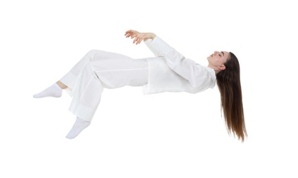 Image of Somnambulist in pajamas on white background. Sleepwalking