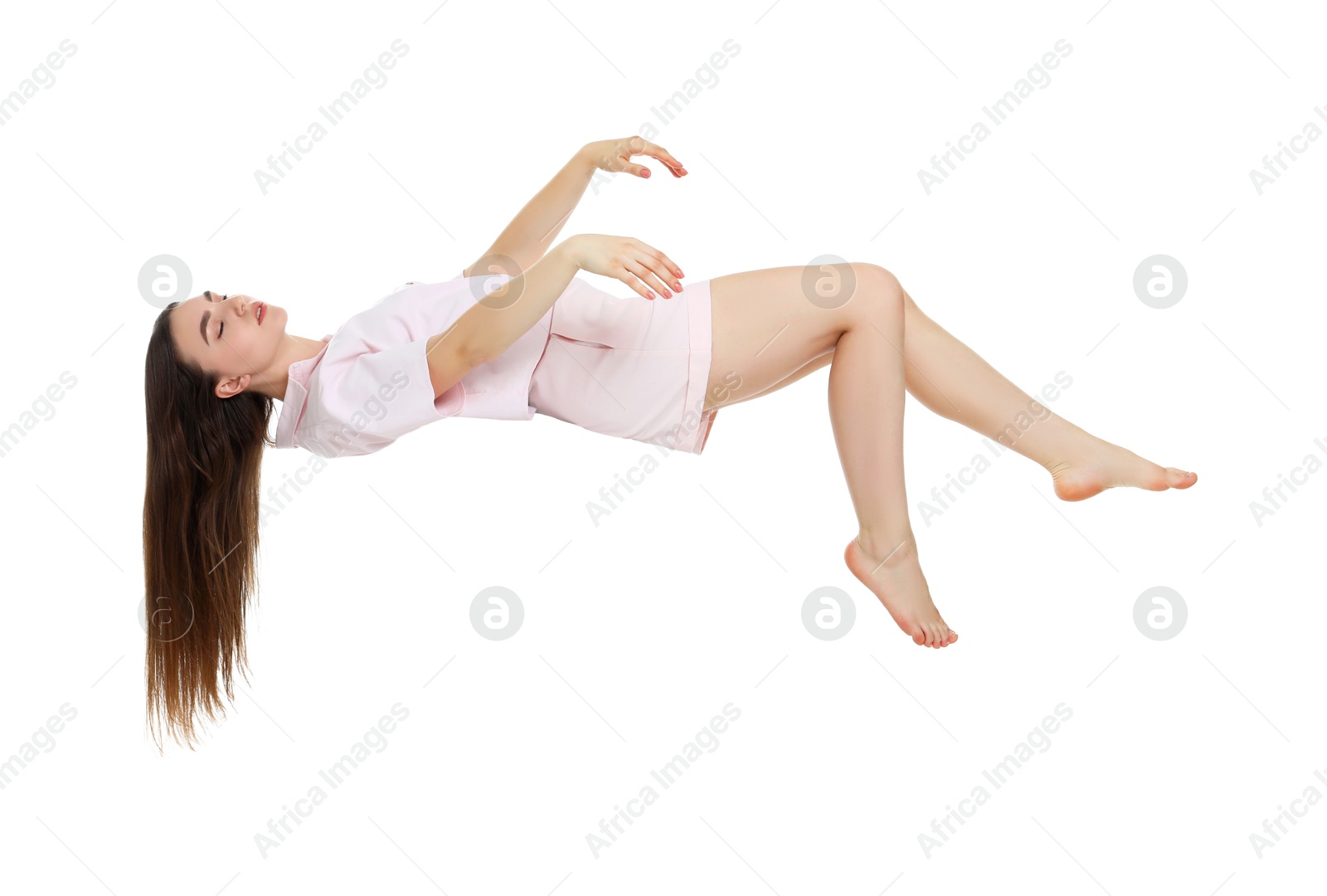 Image of Somnambulist in pajamas on white background. Sleepwalking