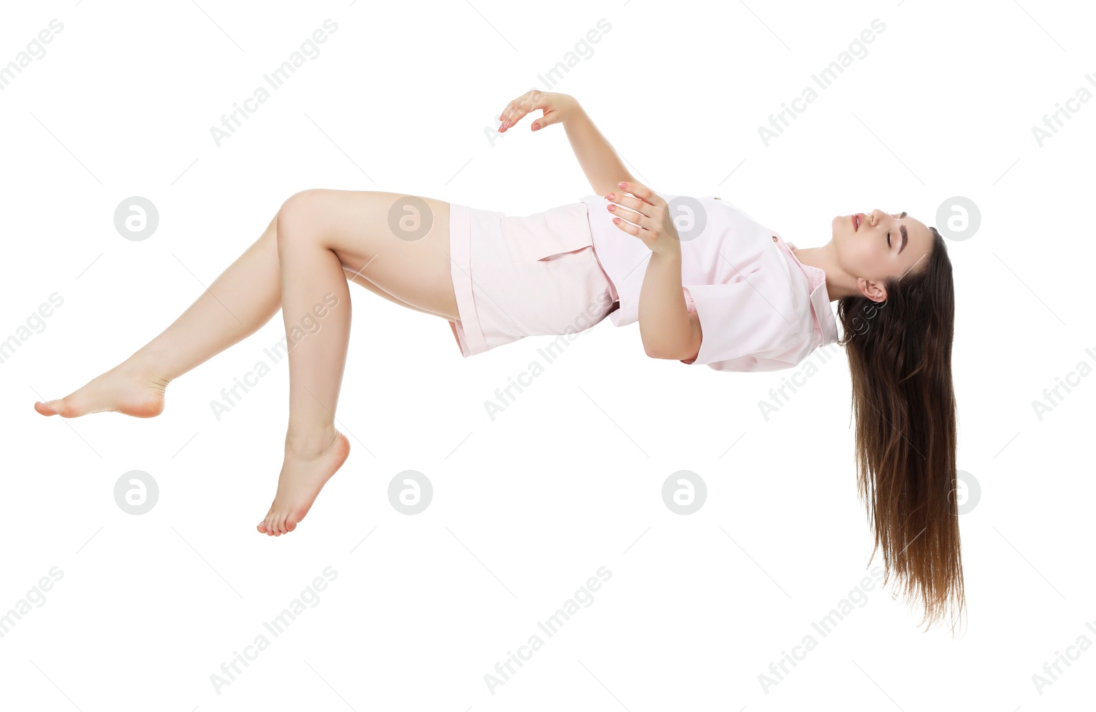 Image of Somnambulist in pajamas on white background. Sleepwalking