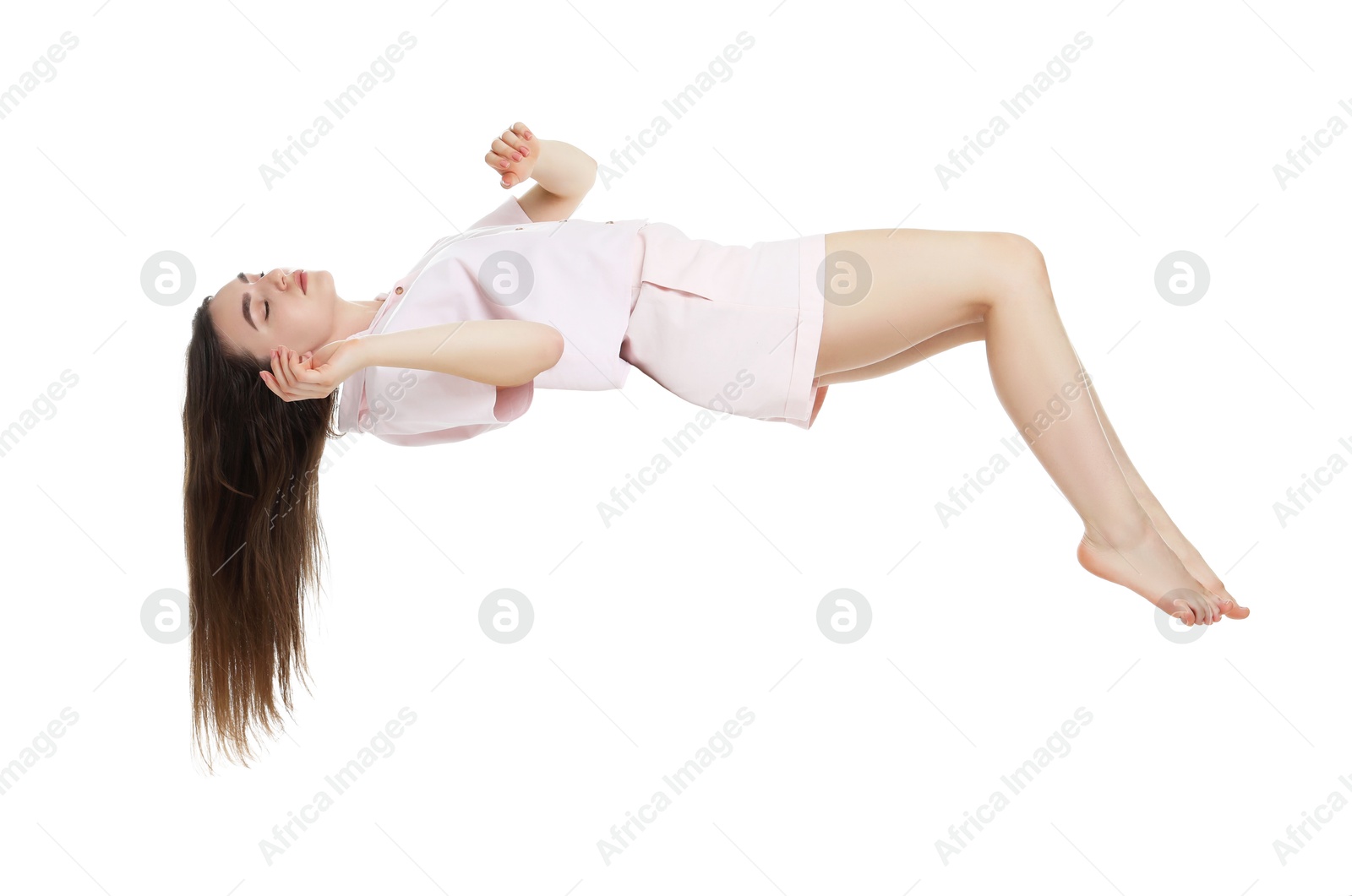 Image of Somnambulist in pajamas on white background. Sleepwalking