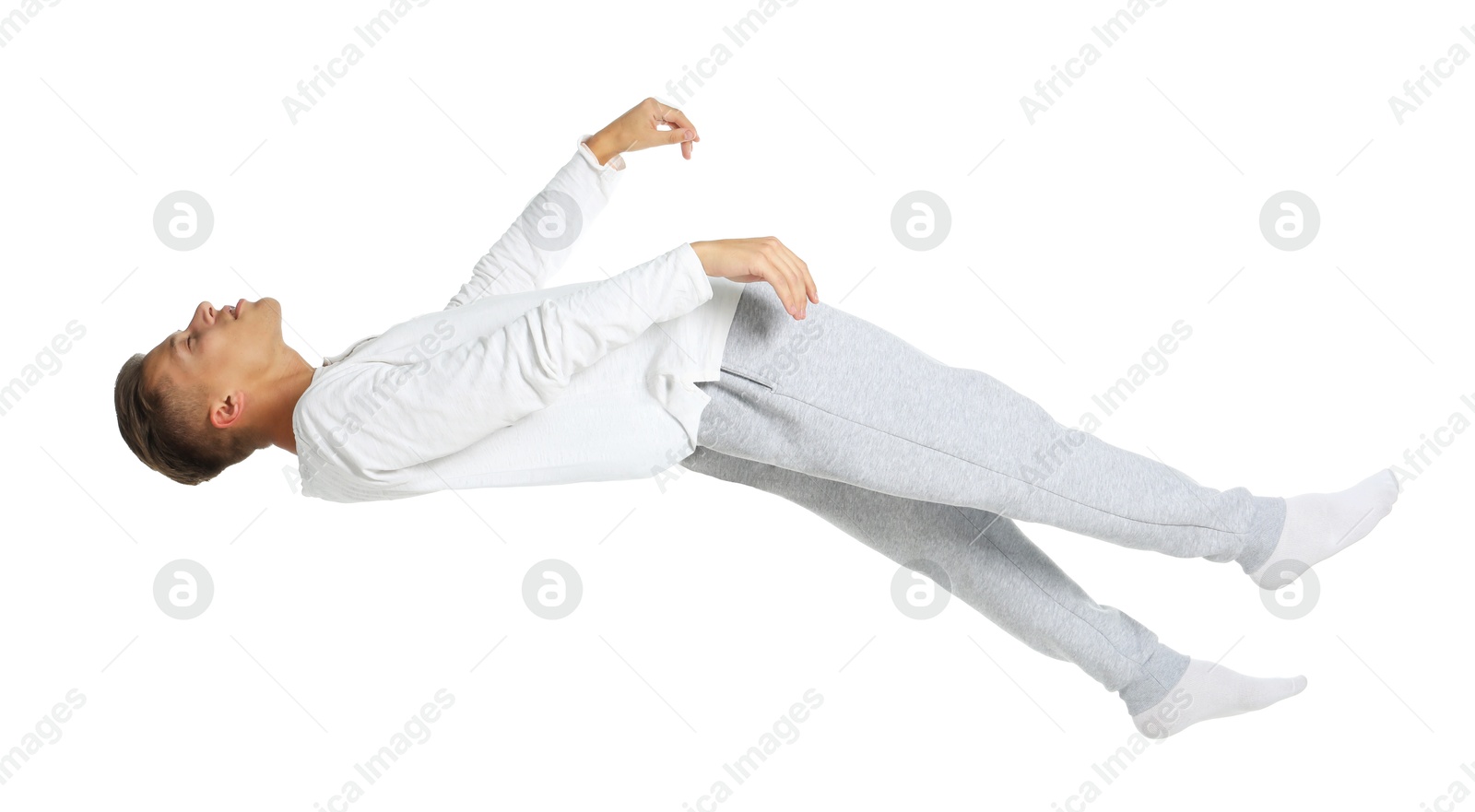 Image of Somnambulist in pajamas on white background. Sleepwalking