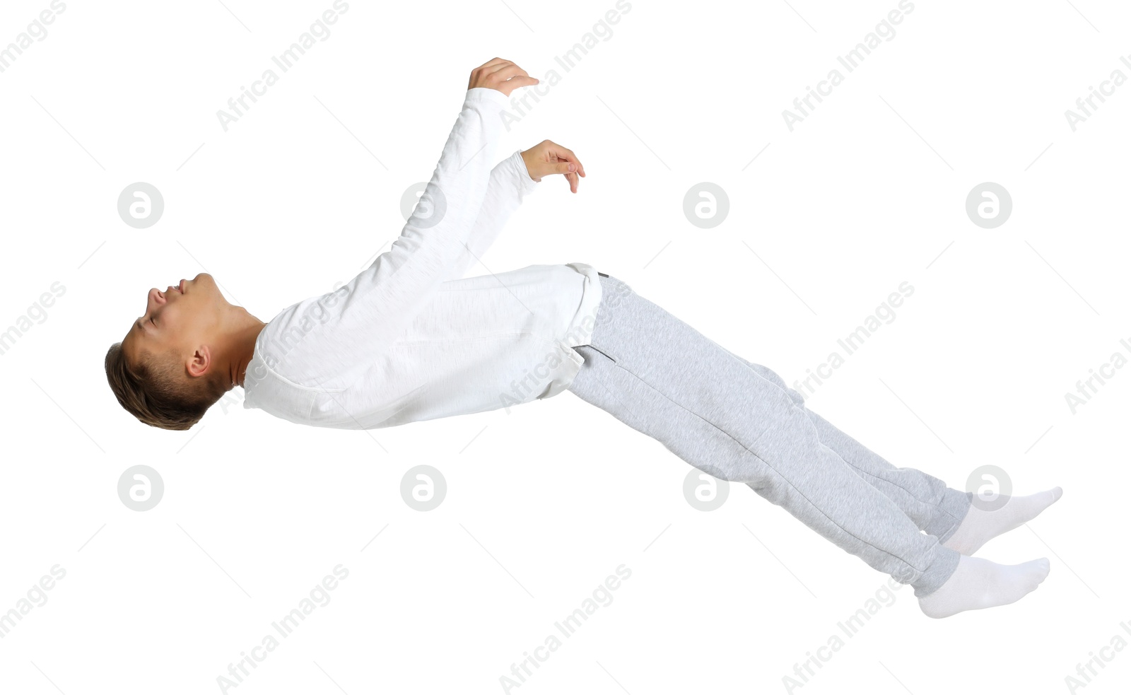 Image of Somnambulist in pajamas on white background. Sleepwalking