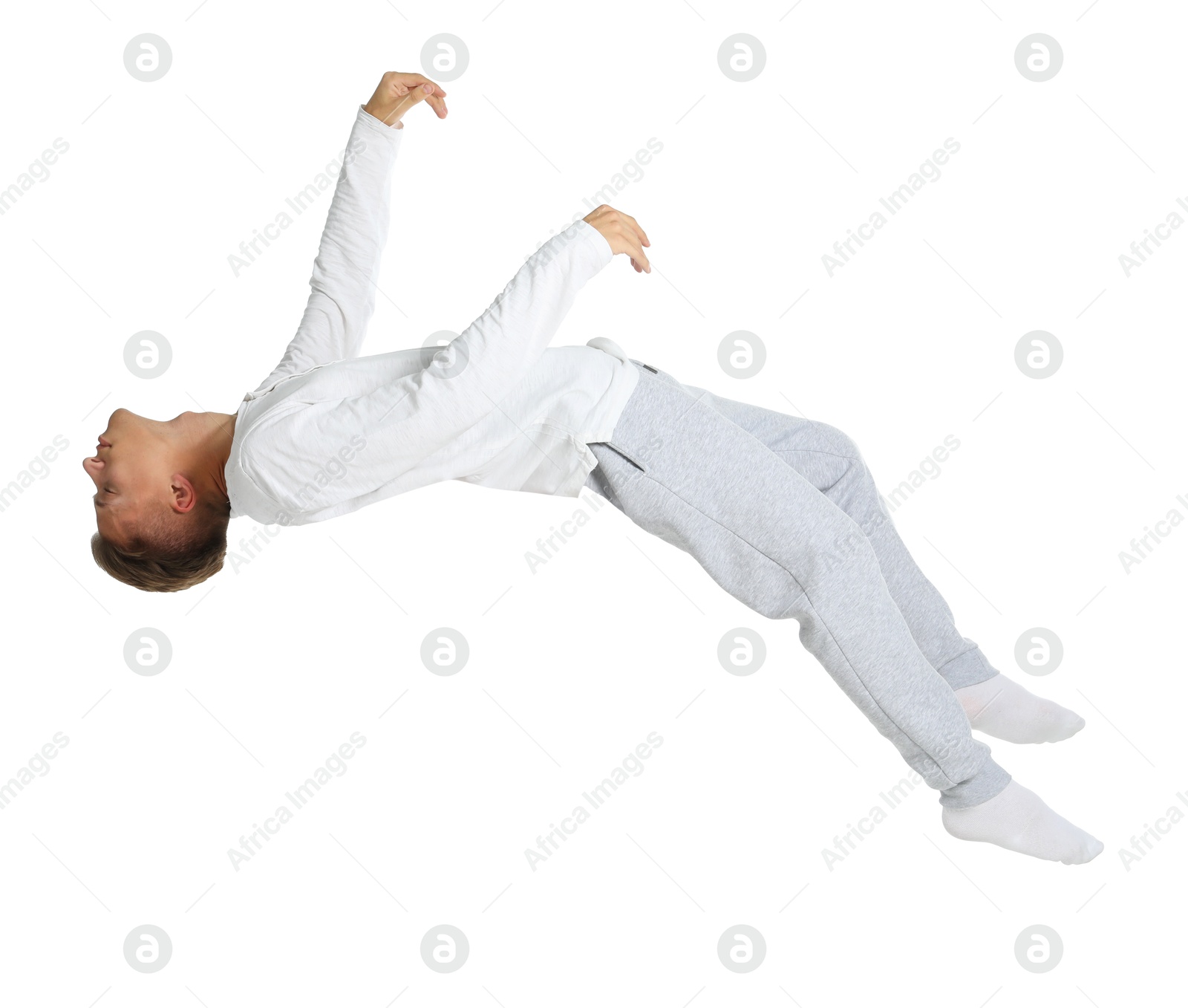 Image of Somnambulist in pajamas on white background. Sleepwalking