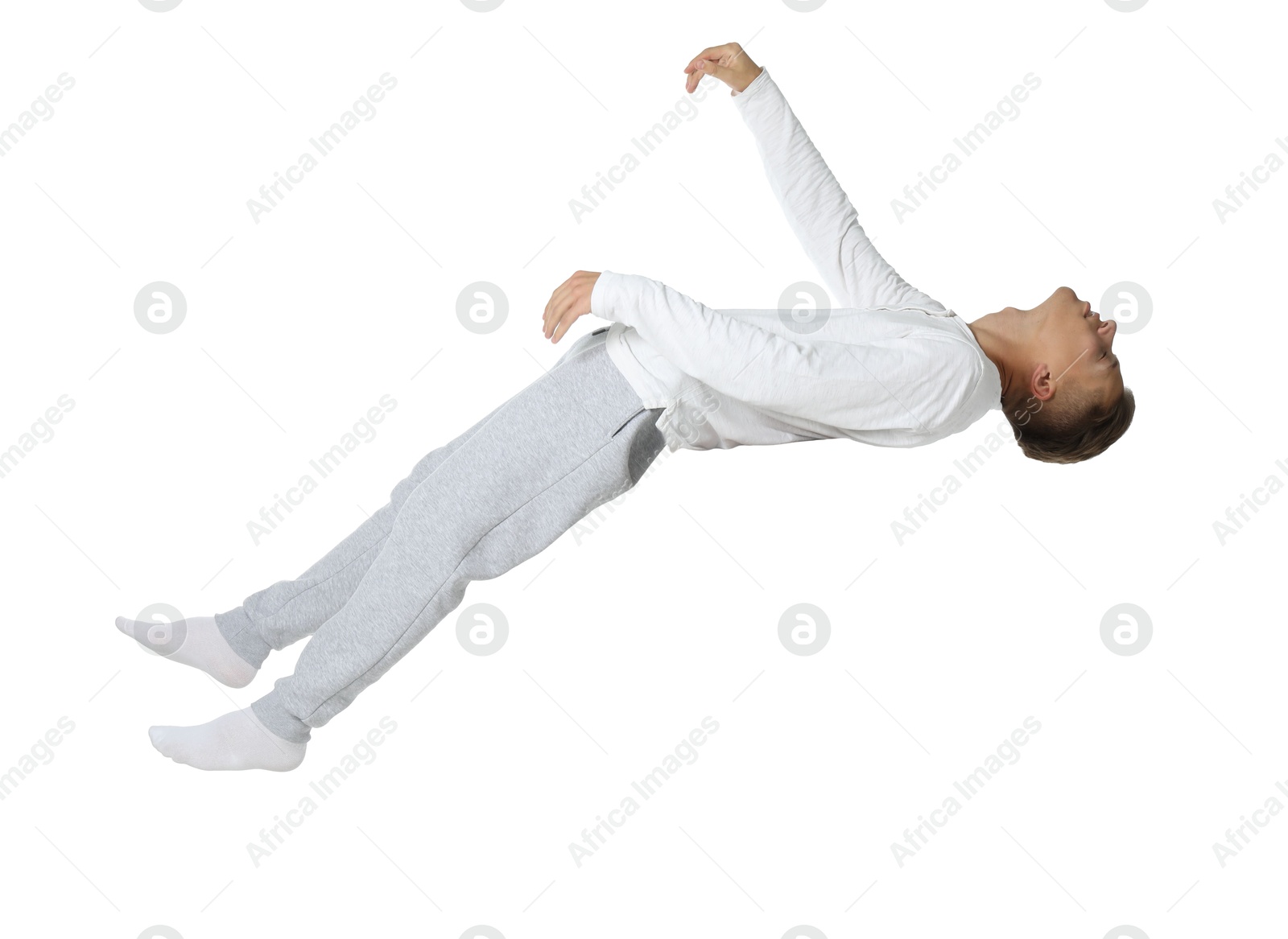 Image of Somnambulist in pajamas on white background. Sleepwalking