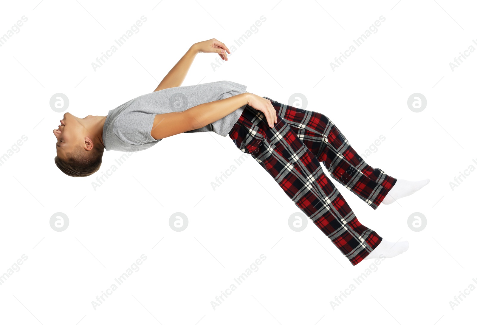 Image of Somnambulist in pajamas on white background. Sleepwalking