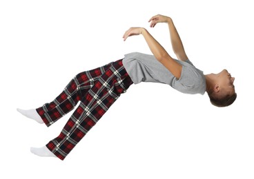 Image of Somnambulist in pajamas on white background. Sleepwalking