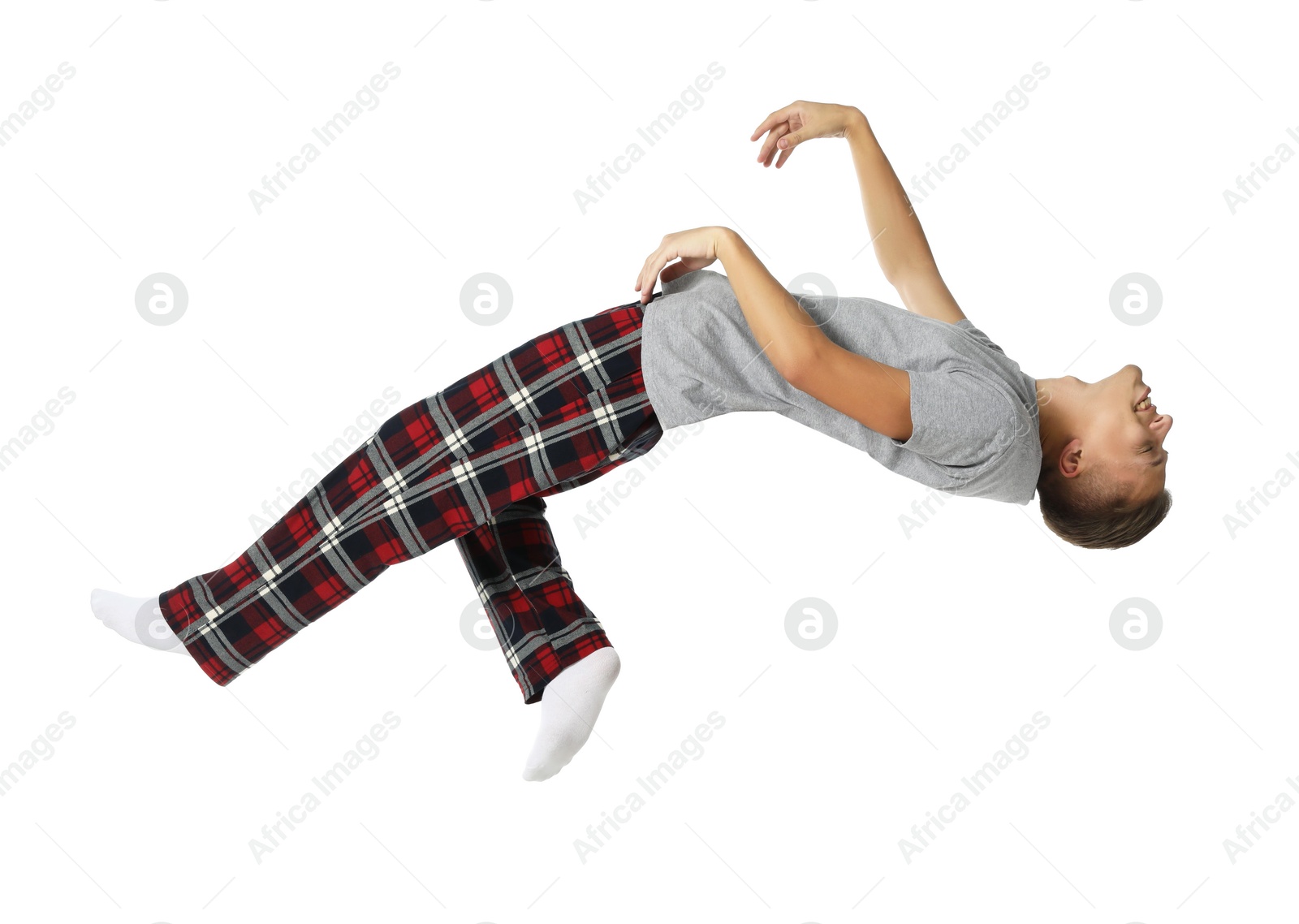 Image of Somnambulist in pajamas on white background. Sleepwalking