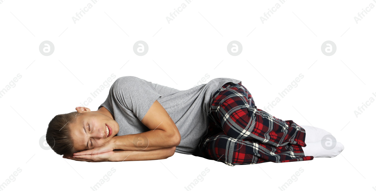 Image of Somnambulist in pajamas on white background. Sleepwalking