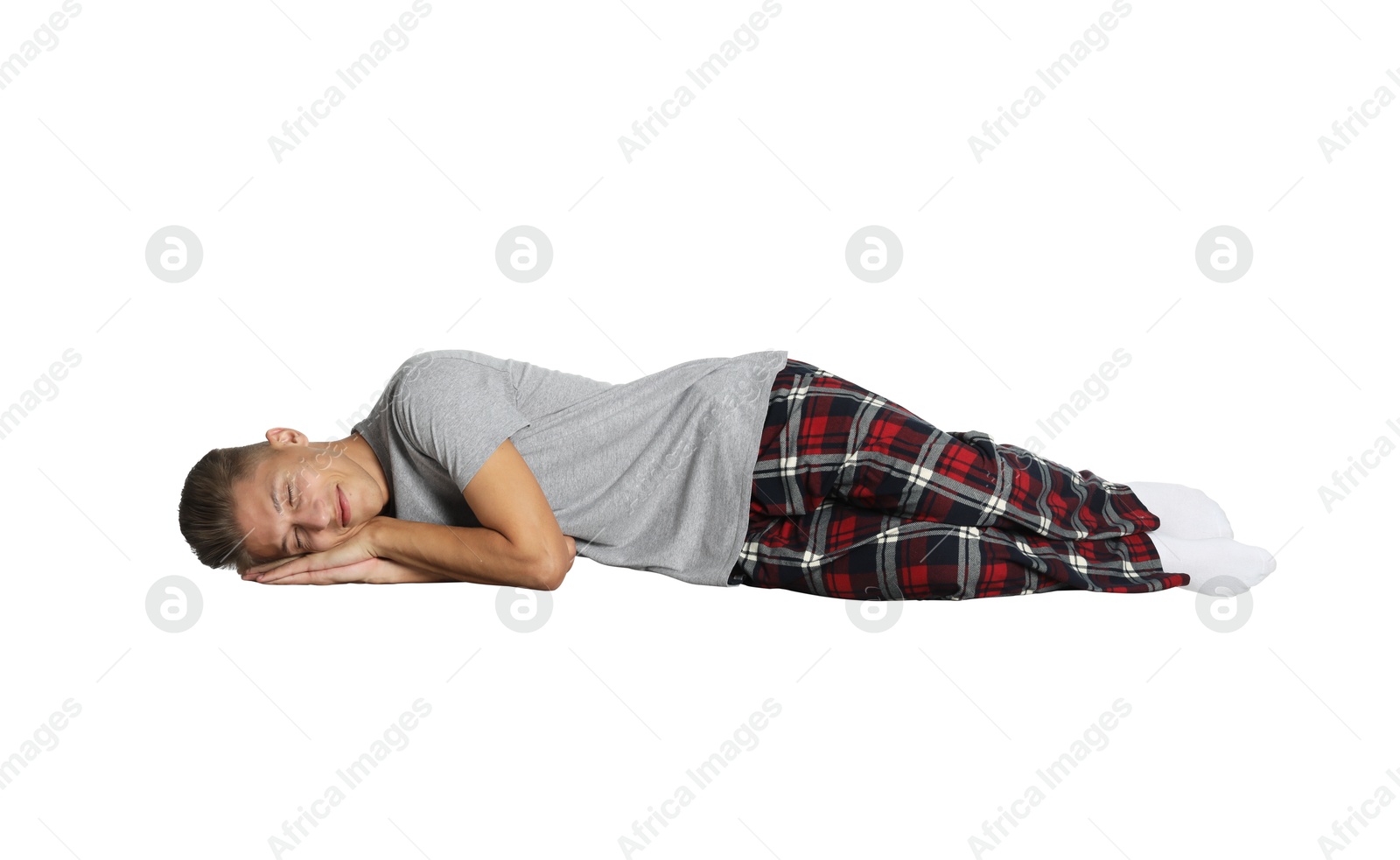 Image of Somnambulist in pajamas on white background. Sleepwalking