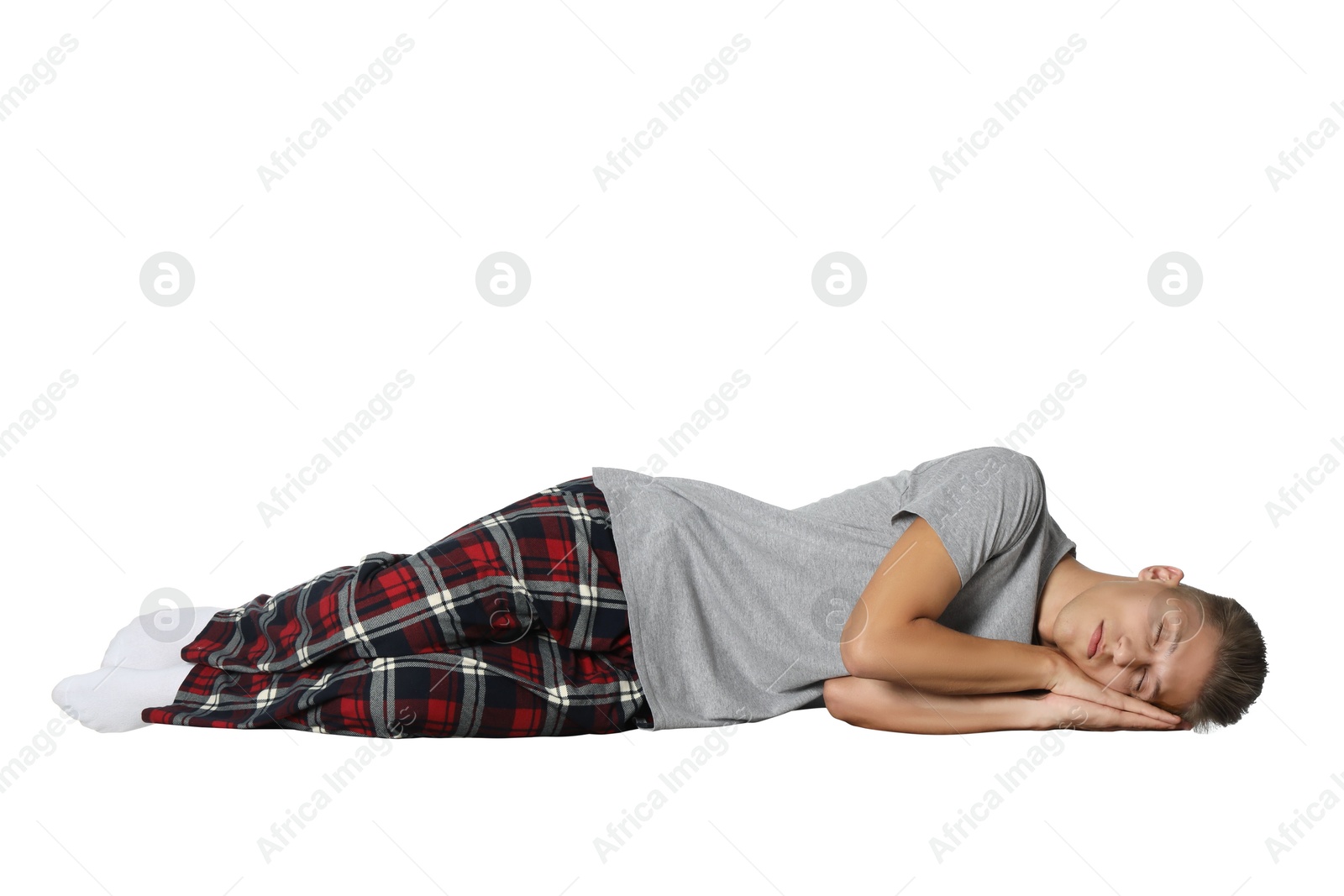 Image of Somnambulist in pajamas on white background. Sleepwalking