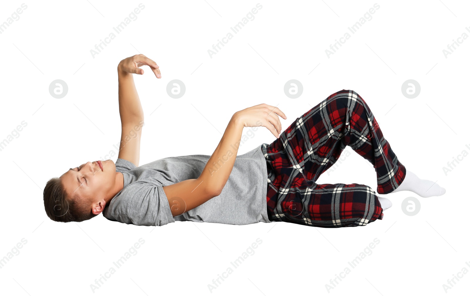 Image of Somnambulist in pajamas on white background. Sleepwalking