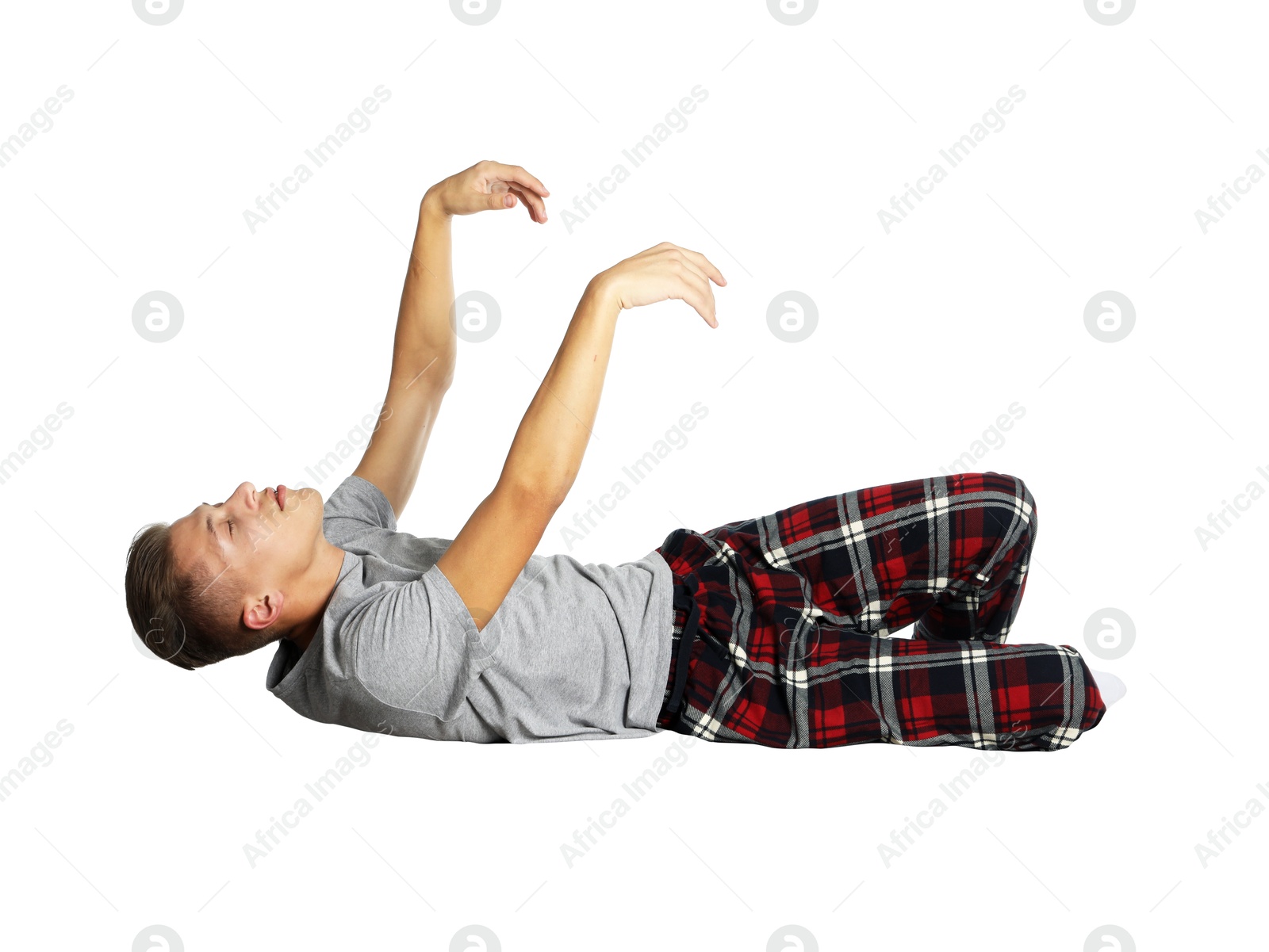 Image of Somnambulist in pajamas on white background. Sleepwalking