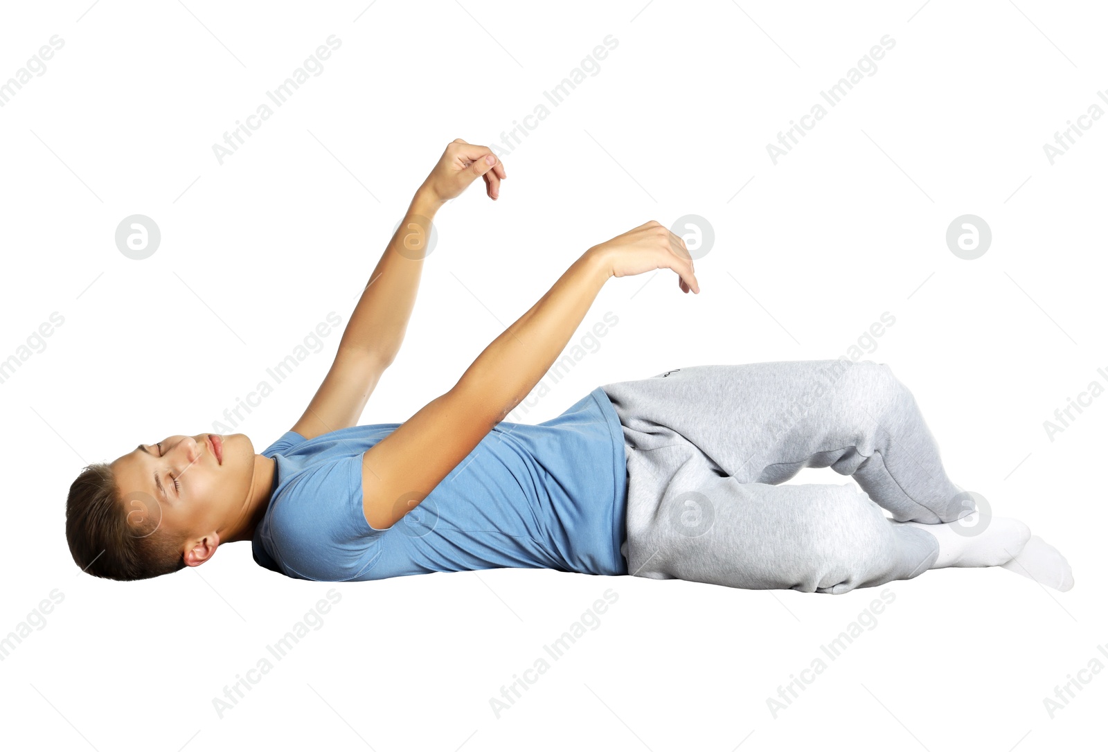 Image of Somnambulist in pajamas on white background. Sleepwalking