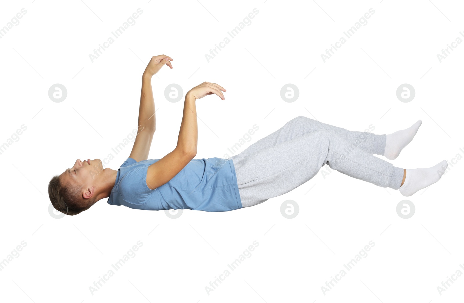 Image of Somnambulist in pajamas on white background. Sleepwalking