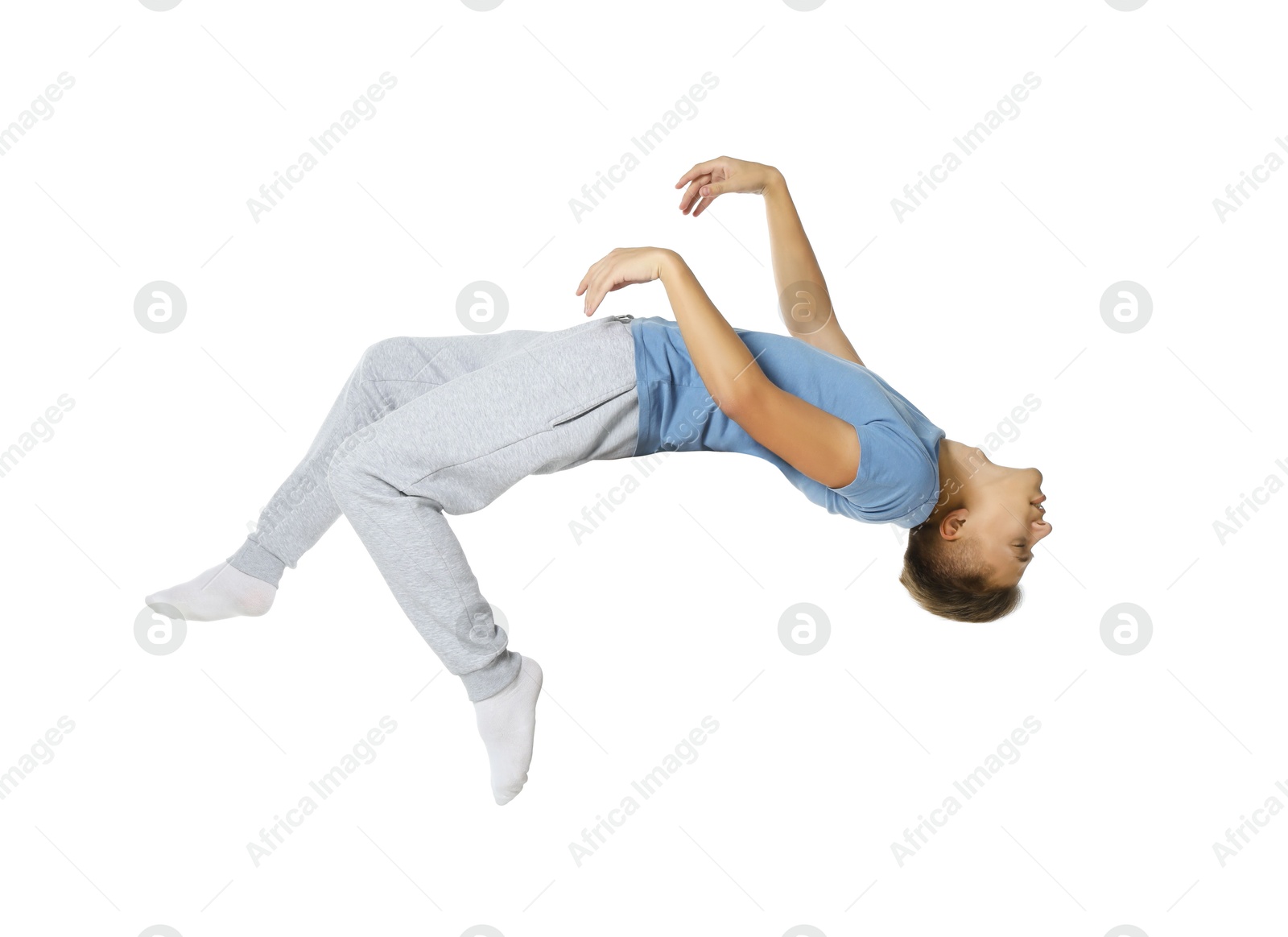 Image of Somnambulist in pajamas on white background. Sleepwalking