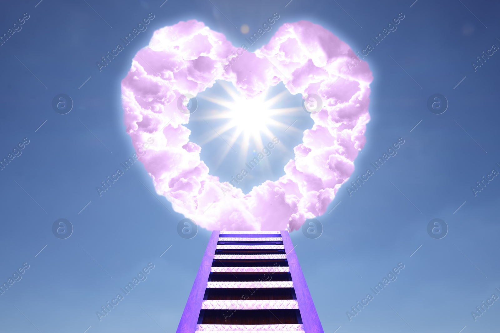 Image of Stairs leading to light in sky through heart made of clouds. Love of God, concept