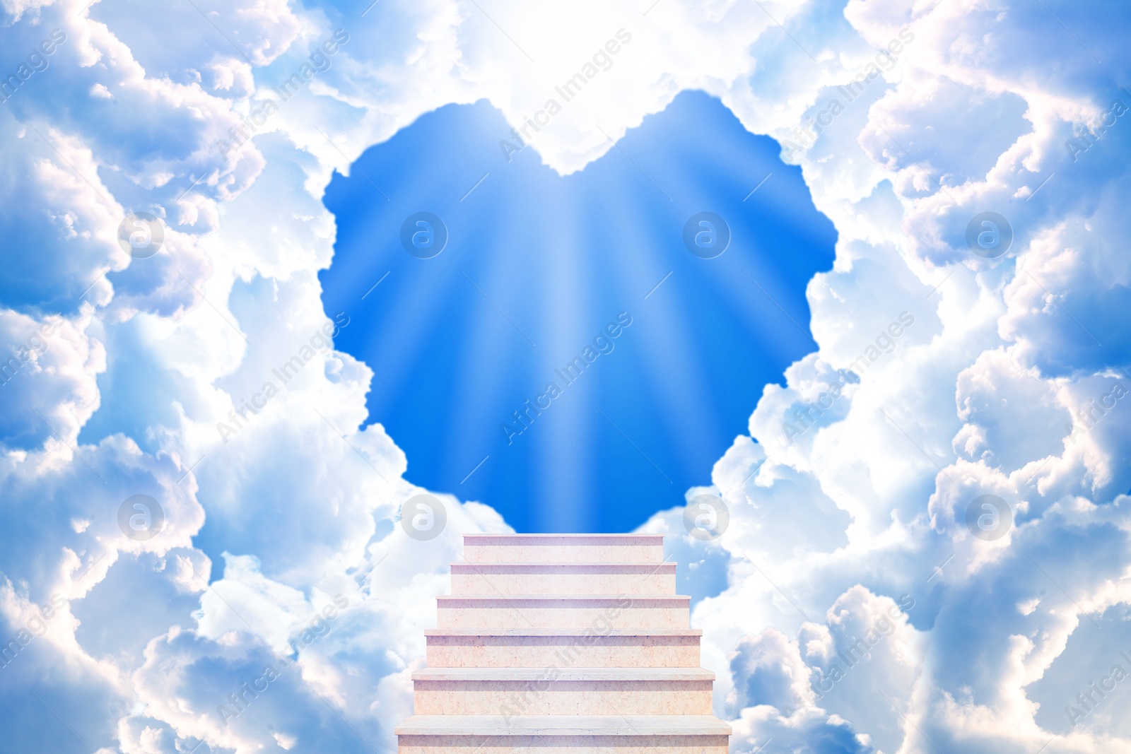 Image of Stairs leading to light in sky through heart shaped gap in clouds. Love of God, concept