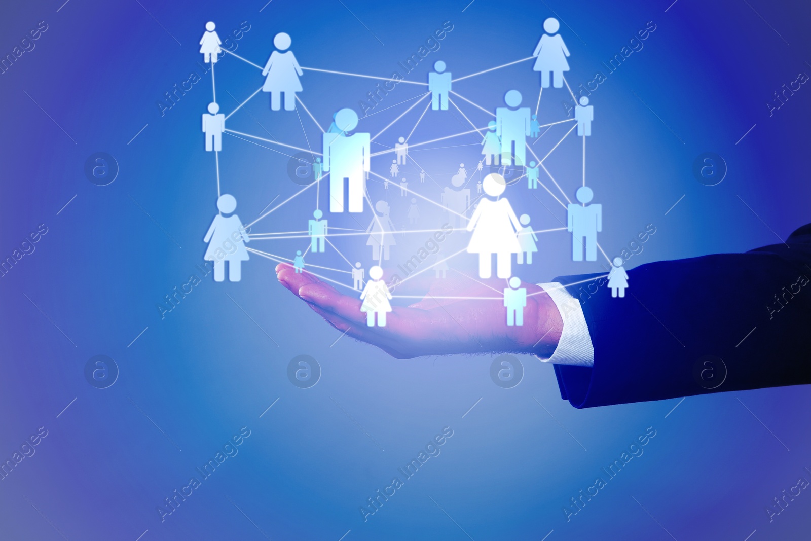 Image of Human resource. Businessman holding virtual scheme with people figures on blue gradient background, closeup