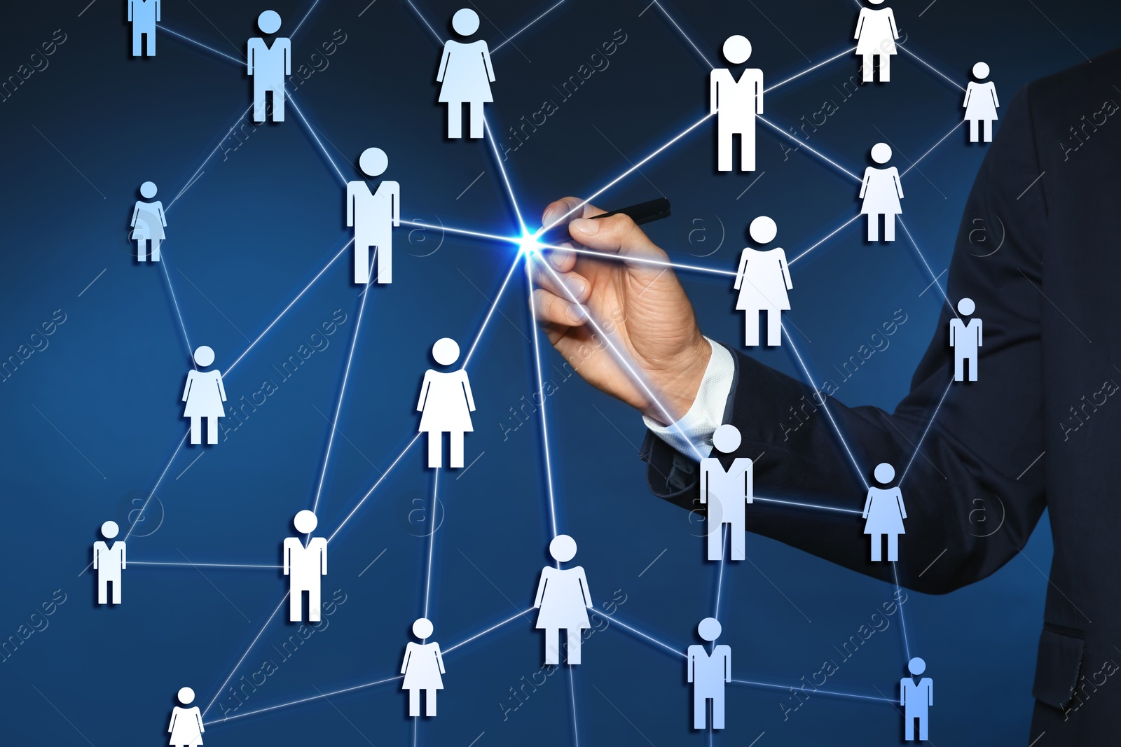 Image of Human resource. Businessman touching virtual scheme with people figures on dark blue background, closeup