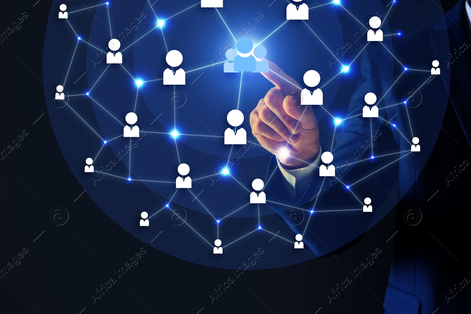 Image of Human resource. Businessman touching virtual scheme with people figures on black background, closeup