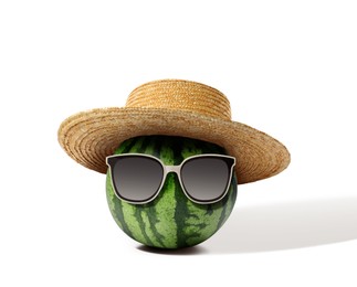 Image of Watermelon with straw hat and sunglasses on white background