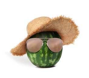 Image of Watermelon with straw hat and sunglasses on white background