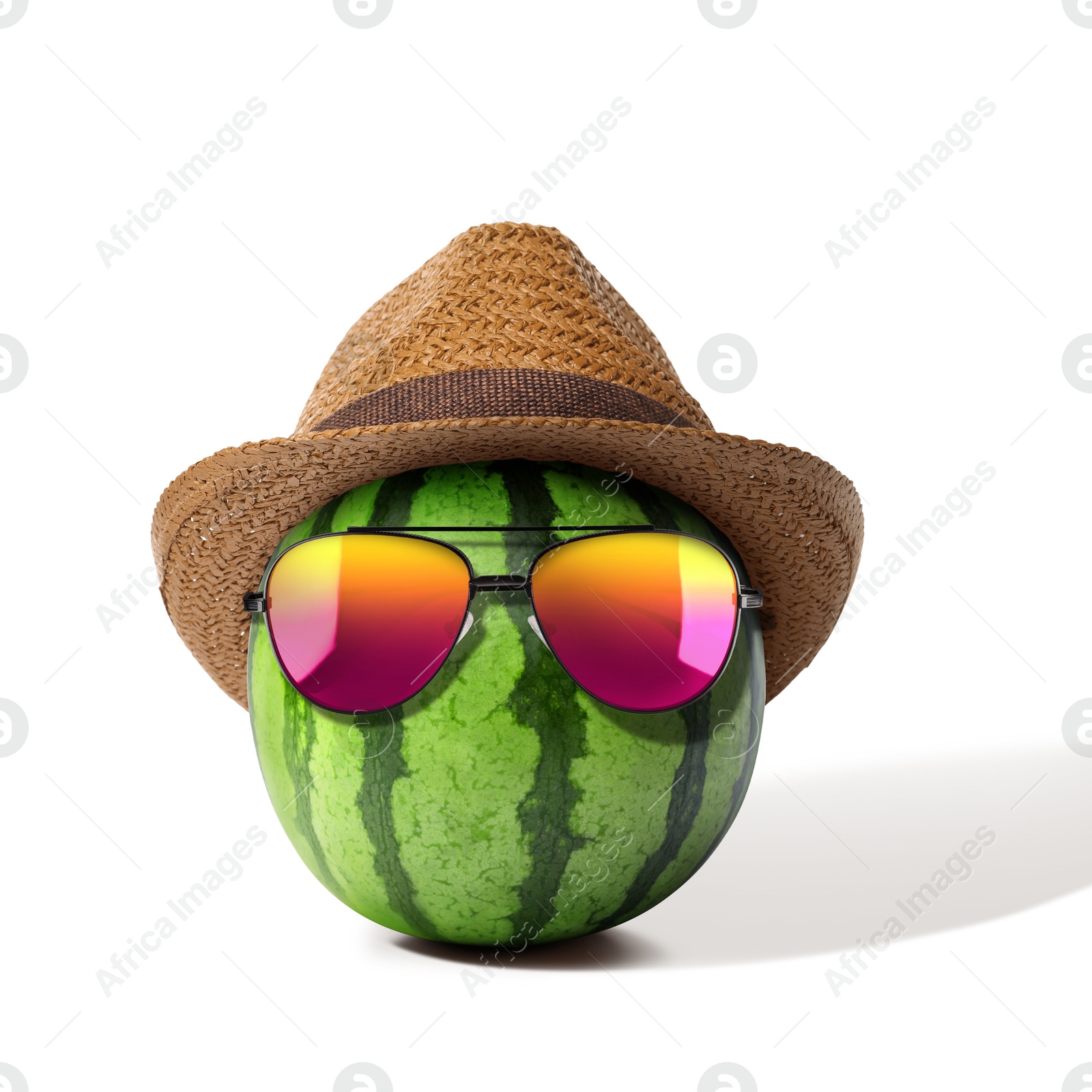 Image of Watermelon with straw hat and sunglasses on white background