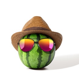 Image of Watermelon with straw hat and sunglasses on white background