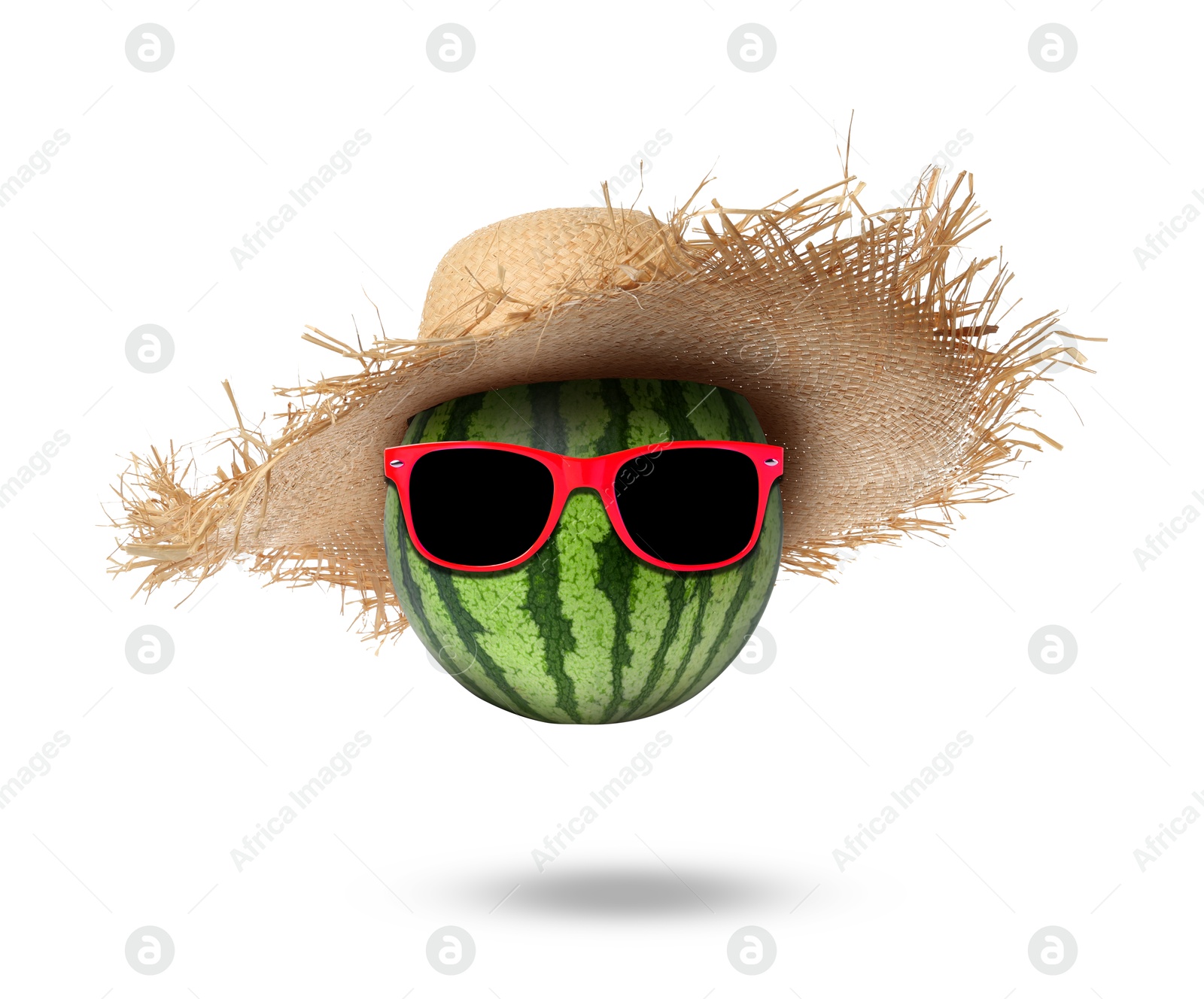 Image of Watermelon with straw hat and sunglasses on white background