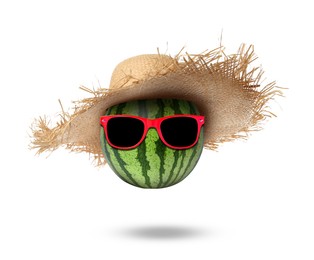 Image of Watermelon with straw hat and sunglasses on white background