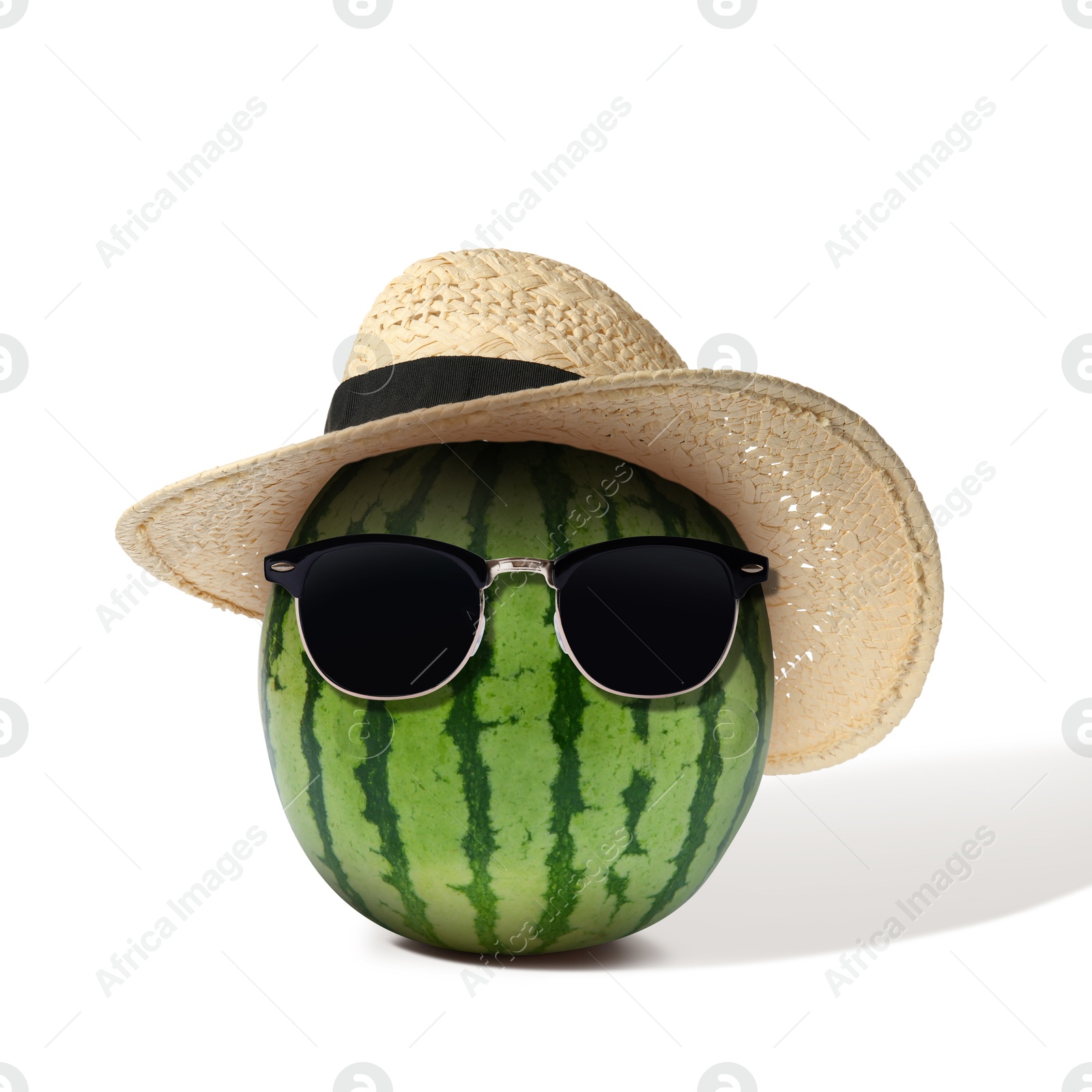 Image of Watermelon with straw hat and sunglasses on white background