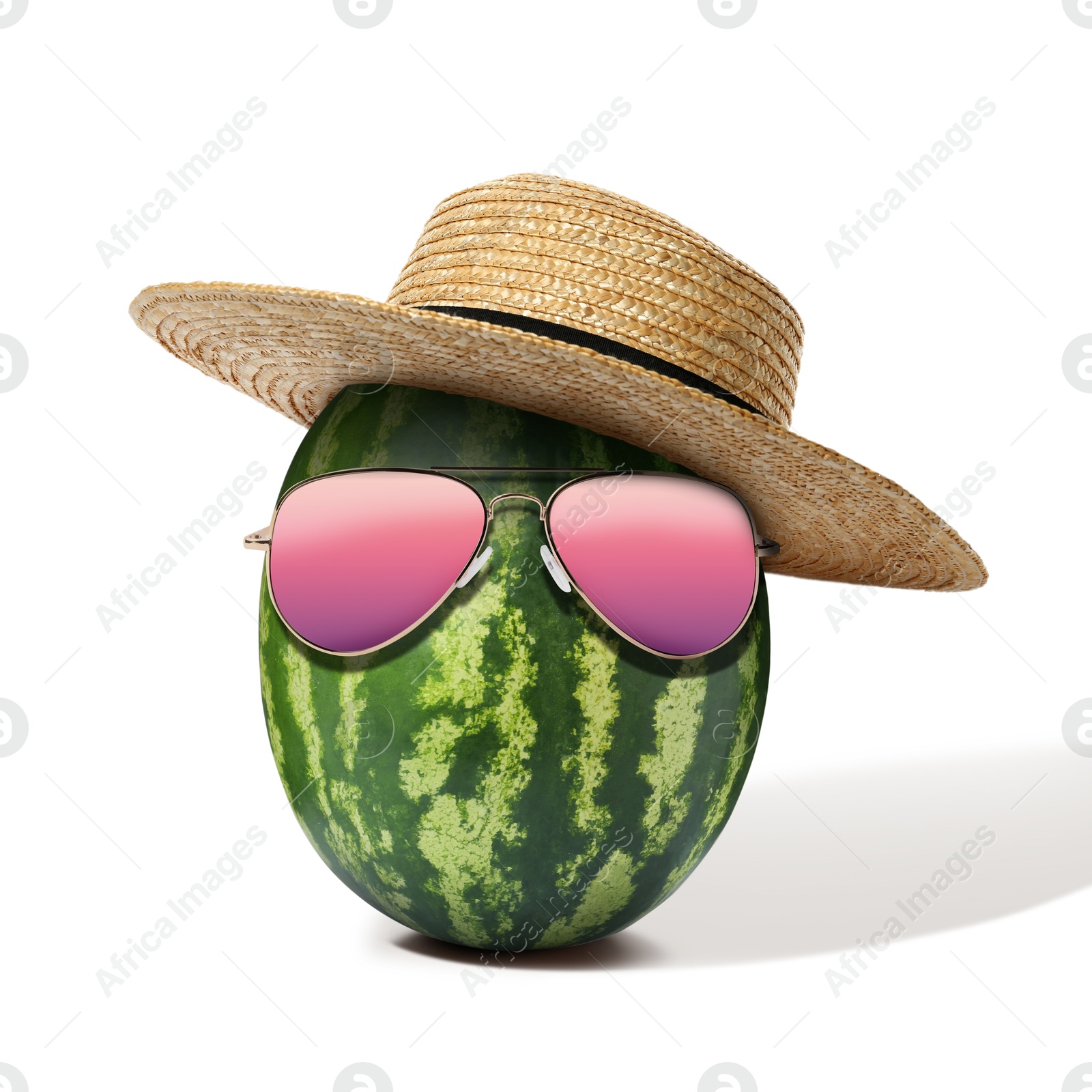 Image of Watermelon with straw hat and sunglasses on white background