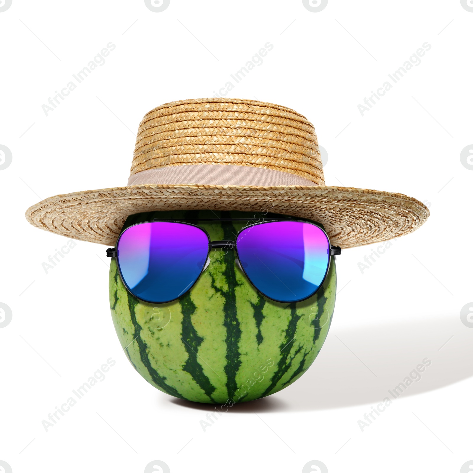 Image of Watermelon with straw hat and sunglasses on white background