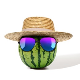 Image of Watermelon with straw hat and sunglasses on white background