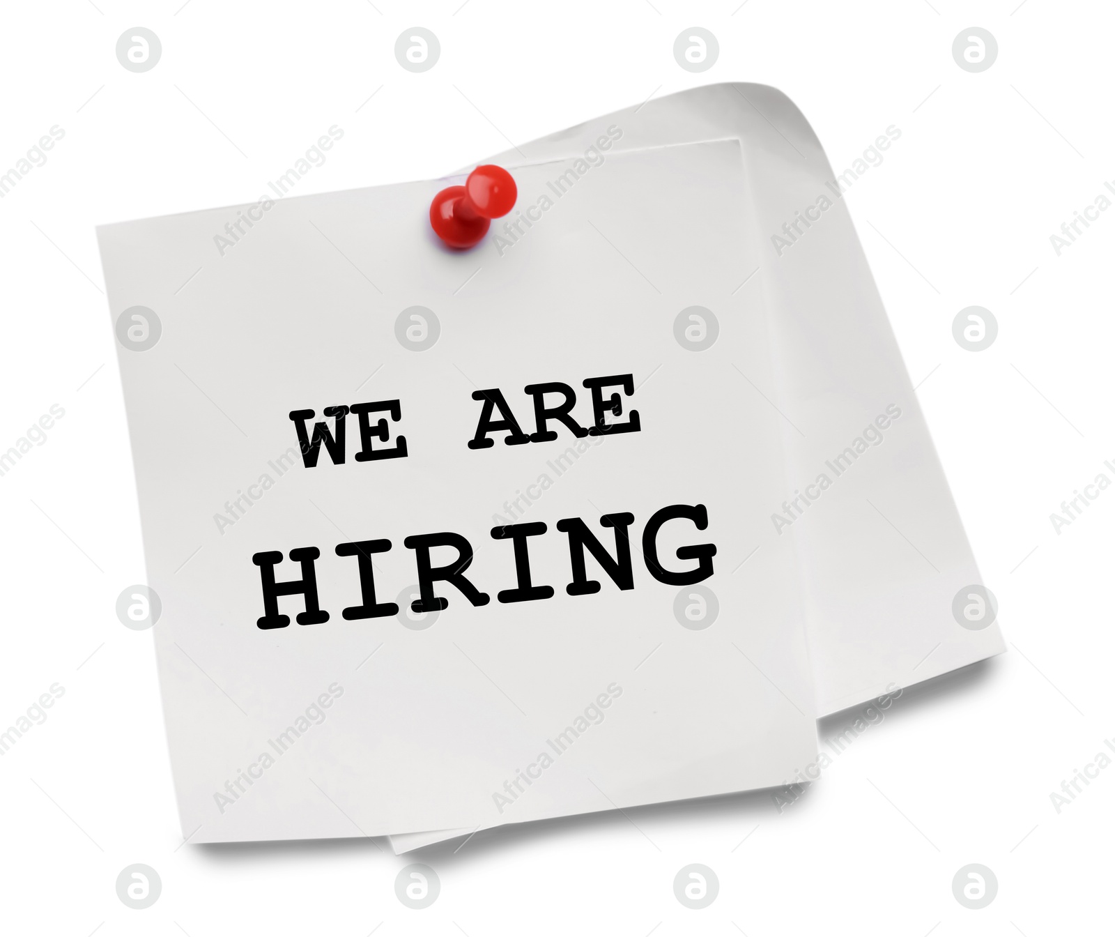 Image of Paper note with text We Are Hiring pinned on white background. Human resource