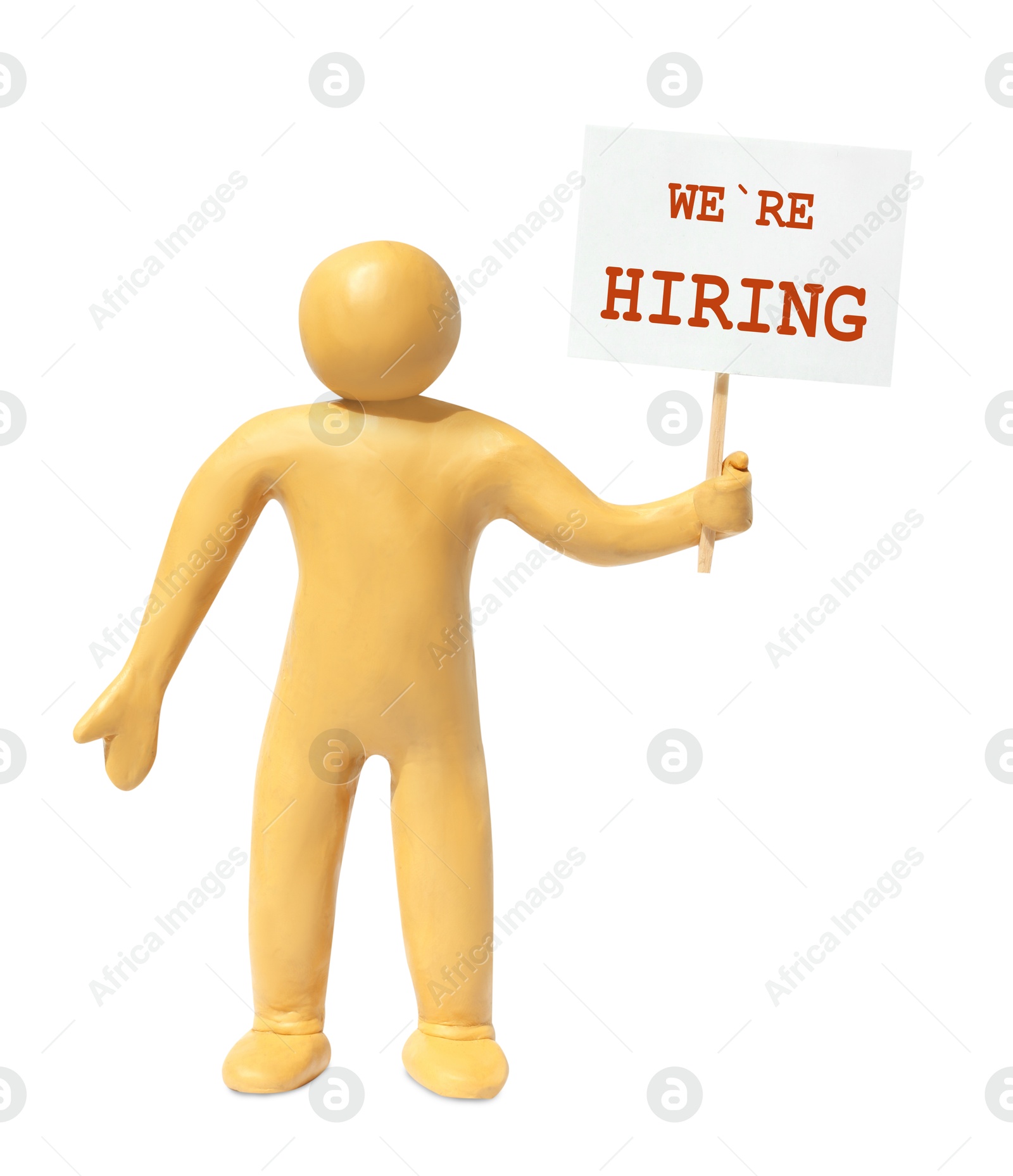 Image of Plasticine human figure holding sign with text We're Hiring isolated on white